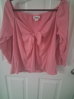 Vixen By Micheline Pitt Rose Pink Tie-Front Ribbed Blouse